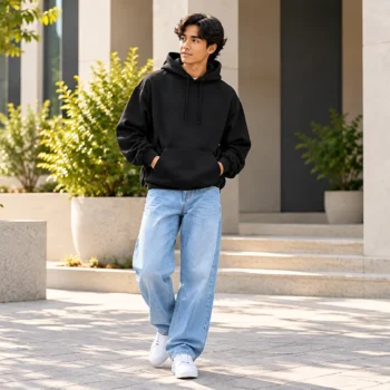 Full-body view of a man wearing a black heavyweight oversized hoodie, light blue jeans and white sneakers
