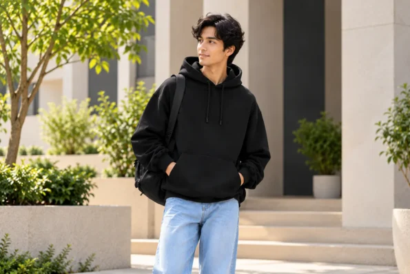 Man wearing a black oversized hoodie with light-wash jeans for a casual everyday outfit