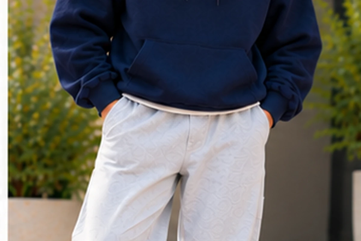 Man wearing a navy heavyweight oversized hoodie with light grey relaxed trousers and white sneakers