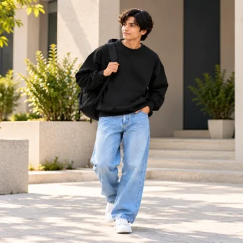 Man wearing a black heavyweight oversized crewneck sweatshirt with light-wash jeans and white sneakers in a sunlit courtyard