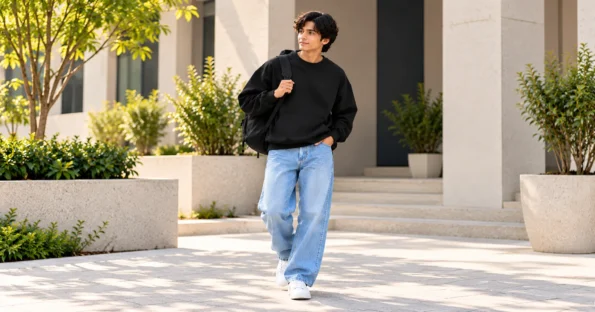 Man wearing a black heavyweight oversized crewneck sweatshirt with light-wash jeans and white sneakers in a sunlit courtyard
