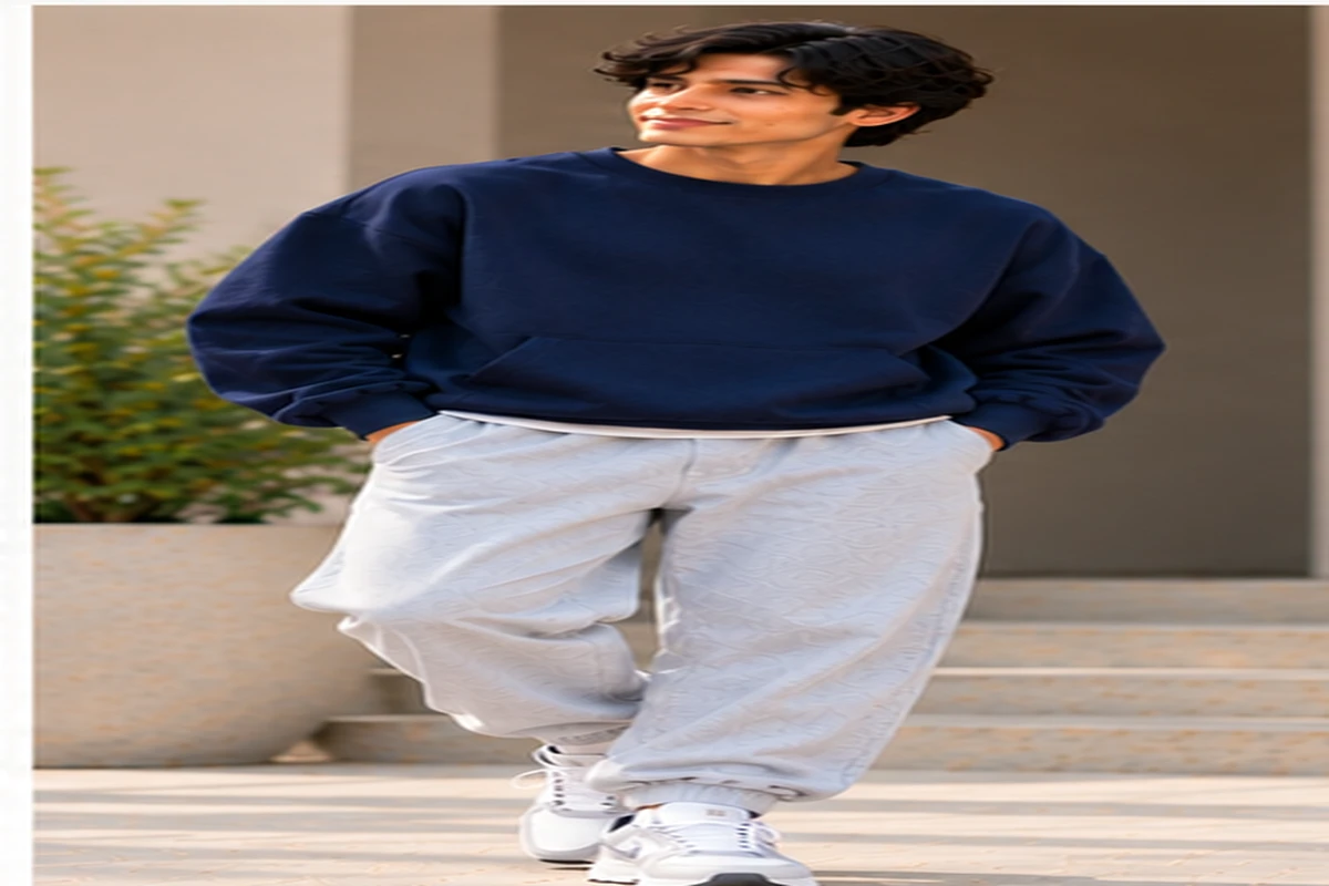 Man wearing a navy heavyweight oversized sweatshirt with light grey relaxed trousers and white sneakers