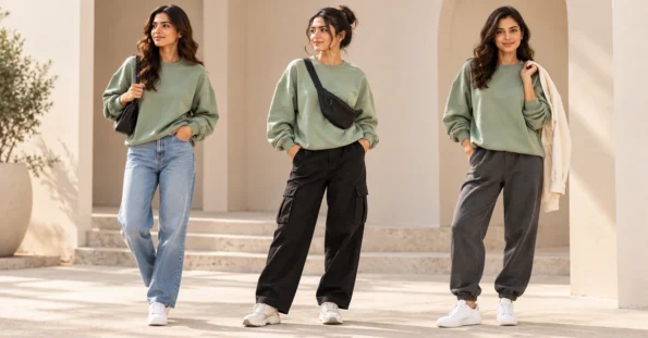 Three casual outfit ideas using the same sage oversized sweatshirt styled with denim, black cargo trousers and charcoal joggers