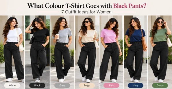 Seven women styling black pants with white, black, grey, beige, pink, navy and green T-shirts