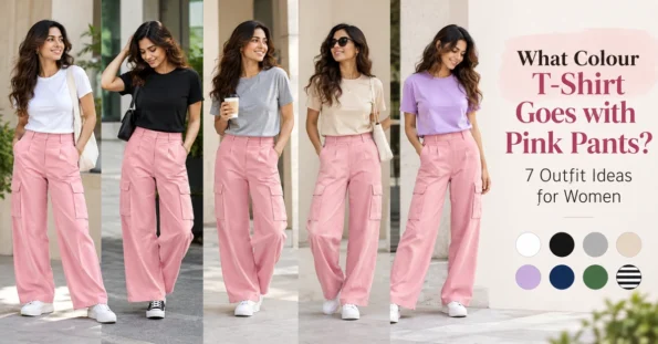 Women styling pink trousers with white, black, grey, beige and lavender T-shirts