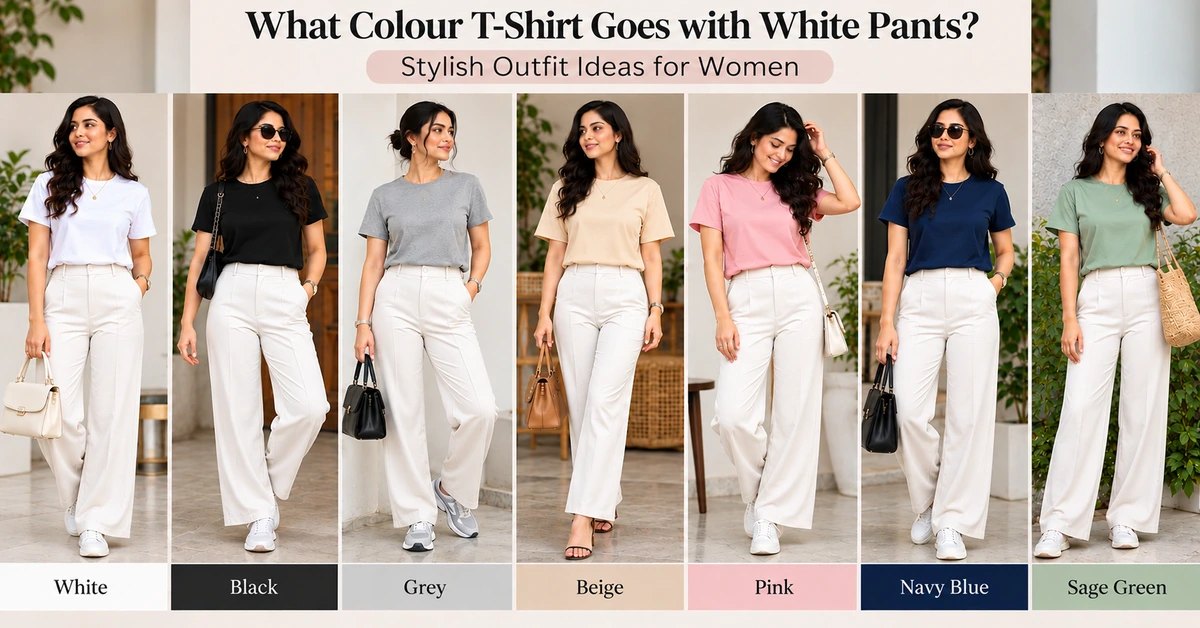 Women styling white pants with white, black, grey, beige, pink, navy blue and sage green T-shirts