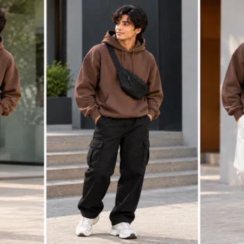 Three oversized hoodie outfit ideas styled with jeans, black cargo pants and cream joggers