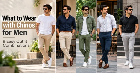Men wearing chinos styled with white T-shirts, navy shirts, olive overshirts and smart casual outfits