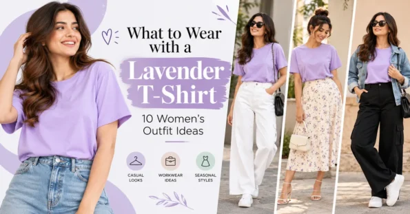 Lavender T-shirt outfit ideas for women, including white trousers, a floral skirt and black cargo pants
