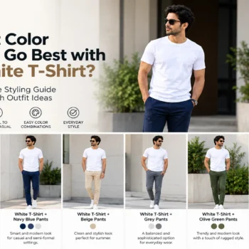 A white T-shirt styled with black, navy, beige, grey, olive and blue denim pants for men