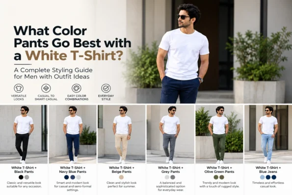 A white T-shirt styled with black, navy, beige, grey, olive and blue denim pants for men