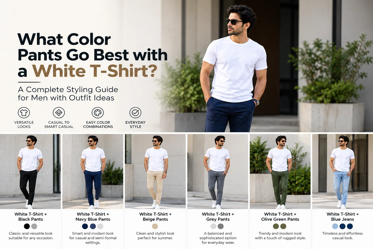 A white T-shirt styled with black, navy, beige, grey, olive and blue denim pants for men