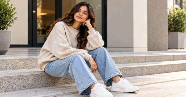 Woman wearing a cream oversized sweatshirt with relaxed light-wash jeans and white sneakers on modern stone steps