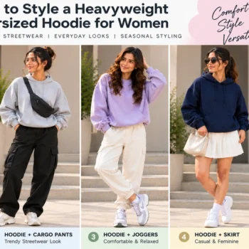 Women's heavyweight oversized hoodie outfit ideas with jeans, cargo trousers, joggers and a skirt