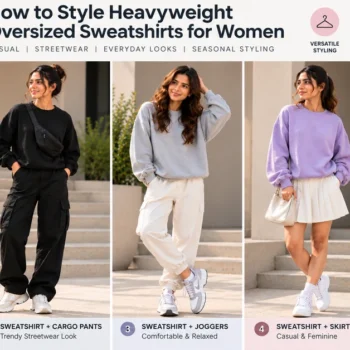 Women styling heavyweight oversized sweatshirts with jeans, black cargo trousers, joggers and a skirt