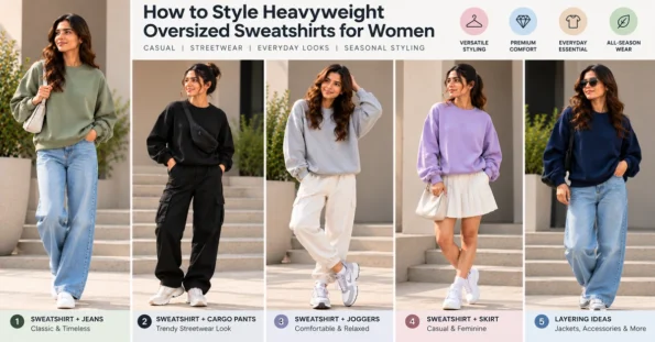 Women styling heavyweight oversized sweatshirts with jeans, black cargo trousers, joggers and a skirt