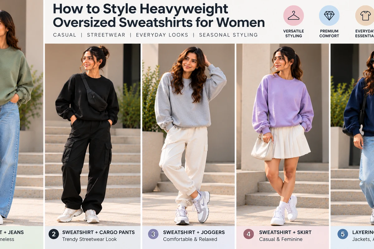 Women styling oversized sweatshirts with jeans, black cargo trousers, joggers and a skirt