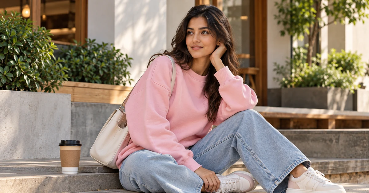 Woman wearing a blush pink heavyweight oversized sweatshirt with relaxed light-wash jeans in a sunlit café setting