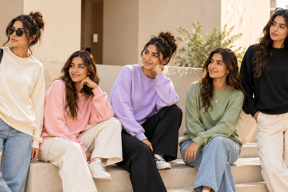Five women wearing oversized sweatshirts in cream, pink, lavender, sage green and black with relaxed denim and trousers