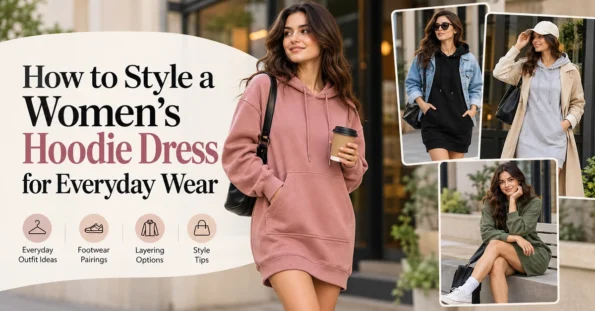 Woman wearing a dusty pink hoodie dress styled with casual everyday accessories, with alternative hoodie-dress outfit examples