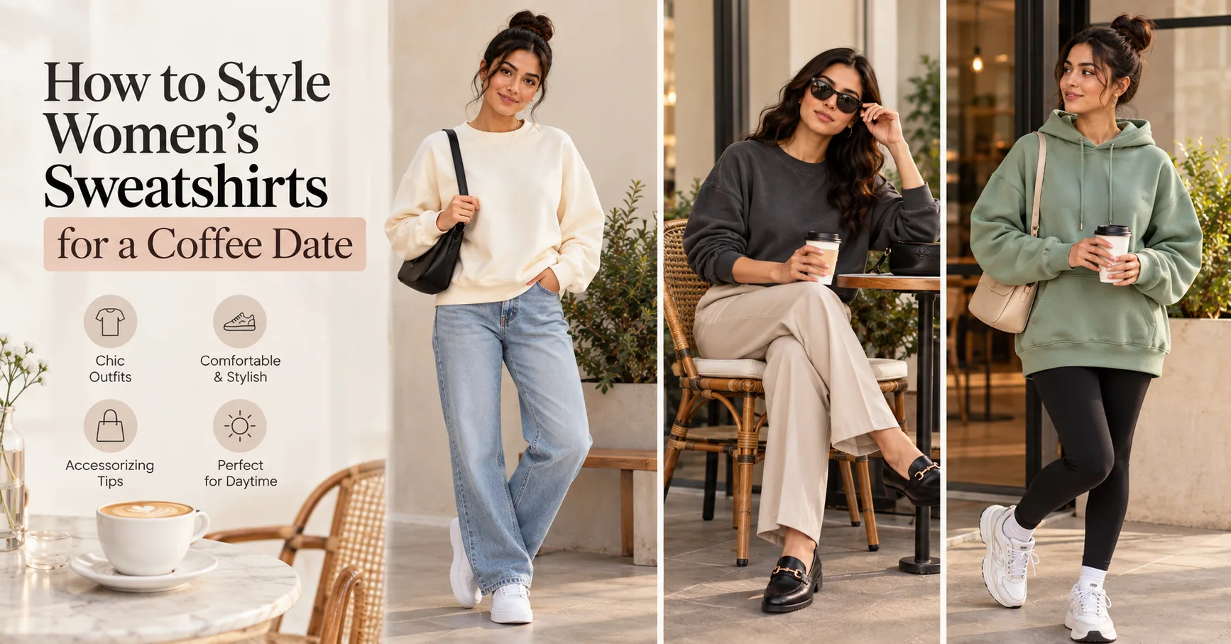Three women modelling casual sweatshirt and hoodie outfits in neutral colours