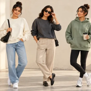 Three women wearing an ivory sweatshirt with jeans, charcoal sweatshirt with tailored trousers, and sage hoodie with leggings