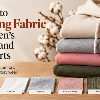 Folded hoodies in cream, grey, rose and olive beside cotton, fleece, French terry, blended and sherpa fabric swatches