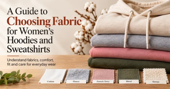 Folded hoodies in cream, grey, rose and olive beside cotton, fleece, French terry, blended and sherpa fabric swatches
