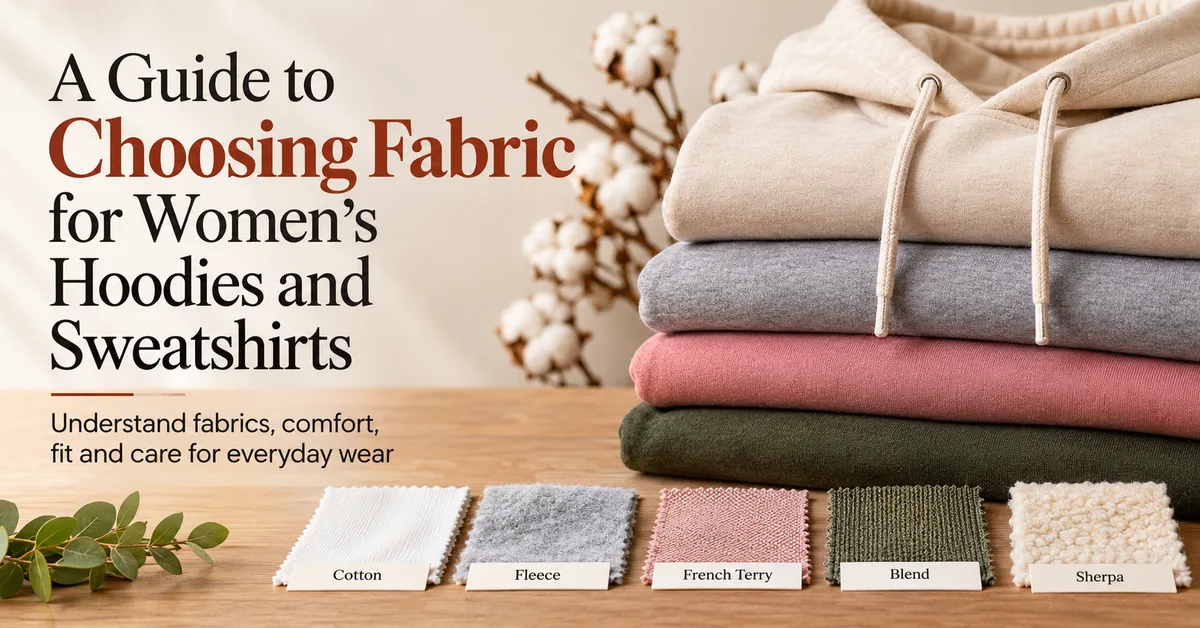 Folded hoodies in cream, grey, rose and olive beside cotton, fleece, French terry, blended and sherpa fabric swatches