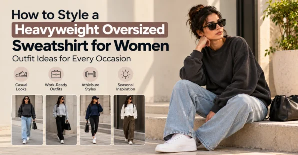 Woman in a charcoal oversized sweatshirt with relaxed jeans and sneakers, a casual outfit suitable for travel