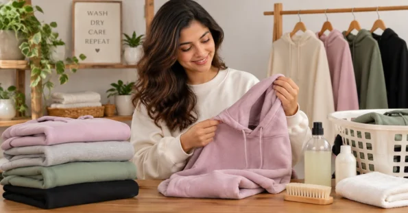 Woman inspecting a lilac oversized hoodie beside neatly folded sweatshirts and laundry-care supplies