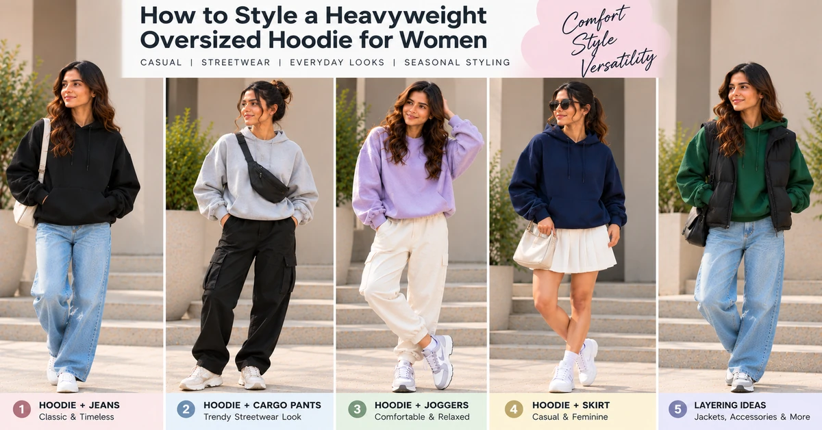 Women's oversized hoodie outfit examples showing relaxed fits with jeans, cargo trousers, joggers and a skirt