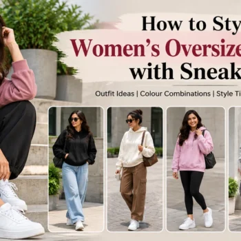 Women styling oversized hoodies with white sneakers in black, pink, grey and green casual outfits