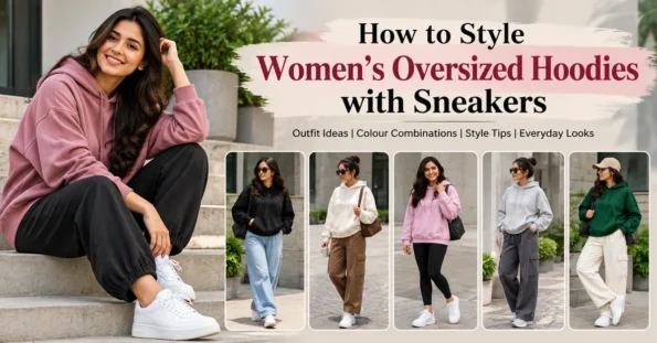 Women styling oversized hoodies with white sneakers in black, pink, grey and green casual outfits