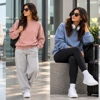 Women styling oversized sweatshirts in neutral, pink and green tones for a casual day out
