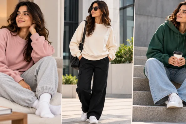 Woman wearing a forest green oversized sweatshirt with light blue jeans and white sneakers on outdoor steps
