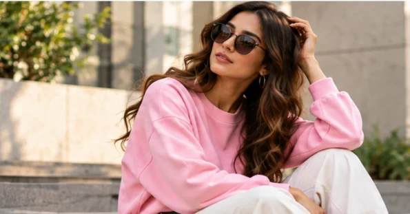 Woman wearing a pastel pink oversized sweatshirt in a bright outdoor fashion setting