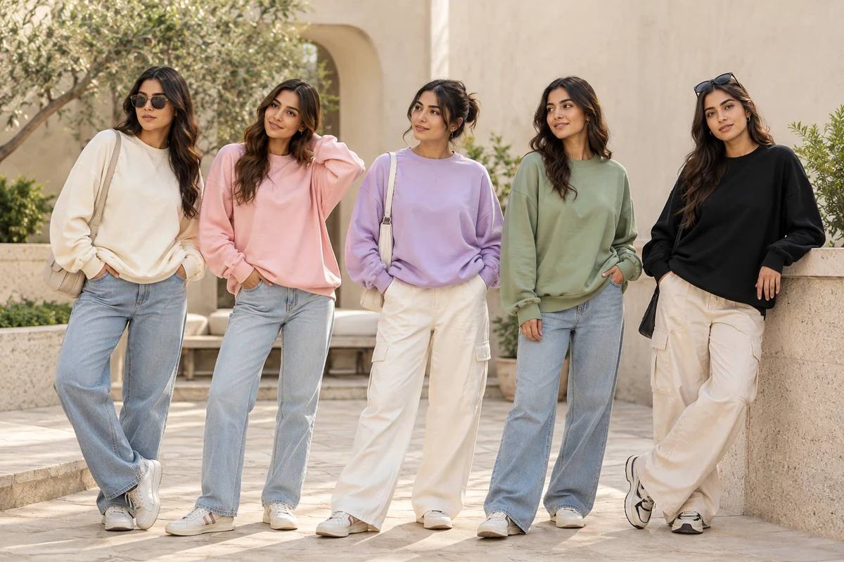 Five women wearing oversized sweatshirts in cream, pink, lavender, sage green and black in a sunlit courtyard