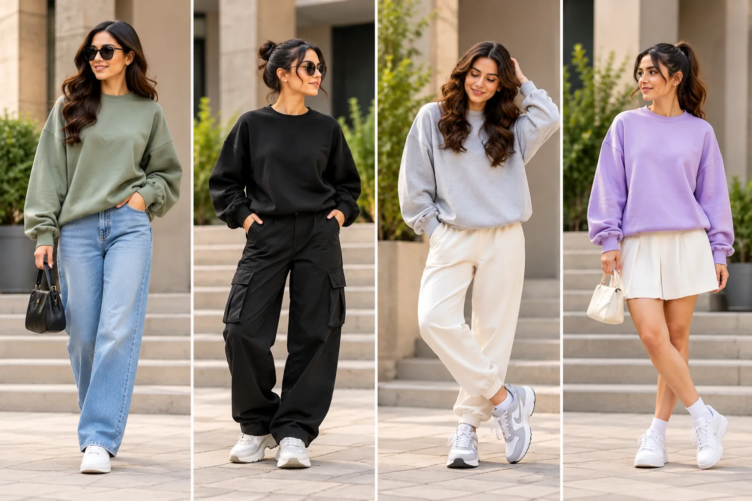 Four women's oversized sweatshirt outfits styled with blue jeans, black cargo trousers, cream joggers and a white skirt