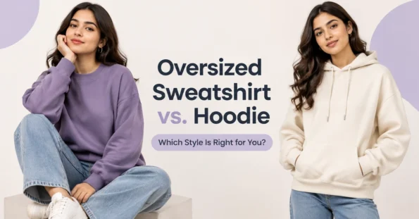 Side-by-side comparison of a woman wearing an oversized lavender crewneck sweatshirt and a woman wearing a cream oversized hoodie, both styled with jeans