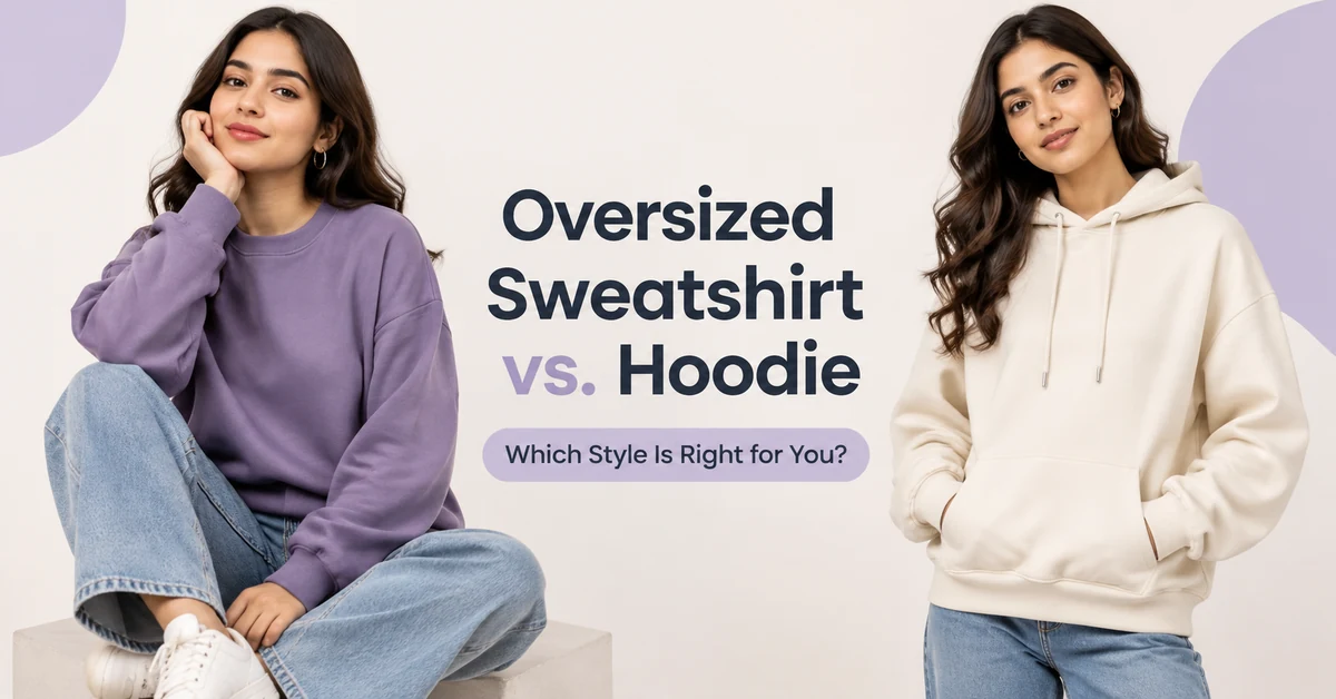 Side-by-side comparison of a woman wearing an oversized lavender crewneck sweatshirt and a woman wearing a cream oversized hoodie, both styled with jeans