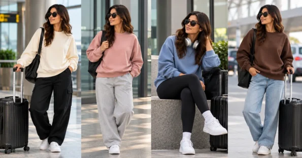 Women styling oversized sweatshirts in neutral, pink and green tones for casual outfits across changing seasons