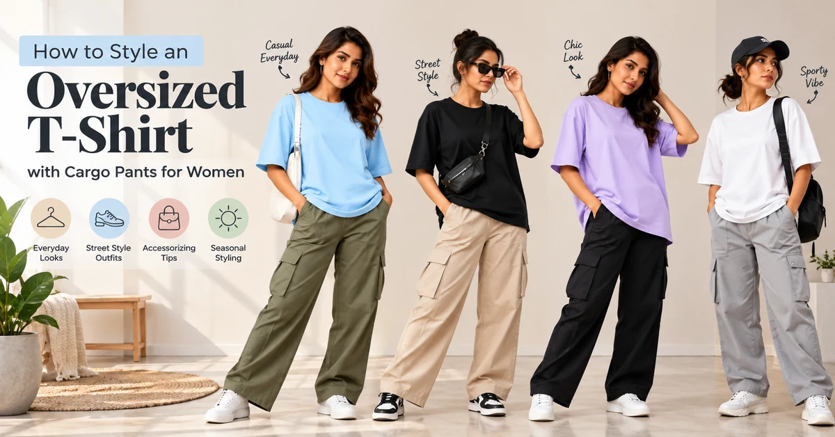 Women styling oversized T-shirts with cargo trousers and casual outfits in a minimalist studio