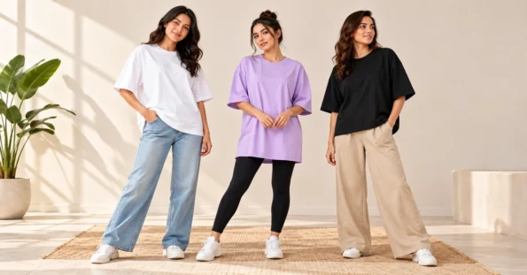 Women wearing oversized white, lavender and black T-shirts with jeans, leggings and relaxed trousers