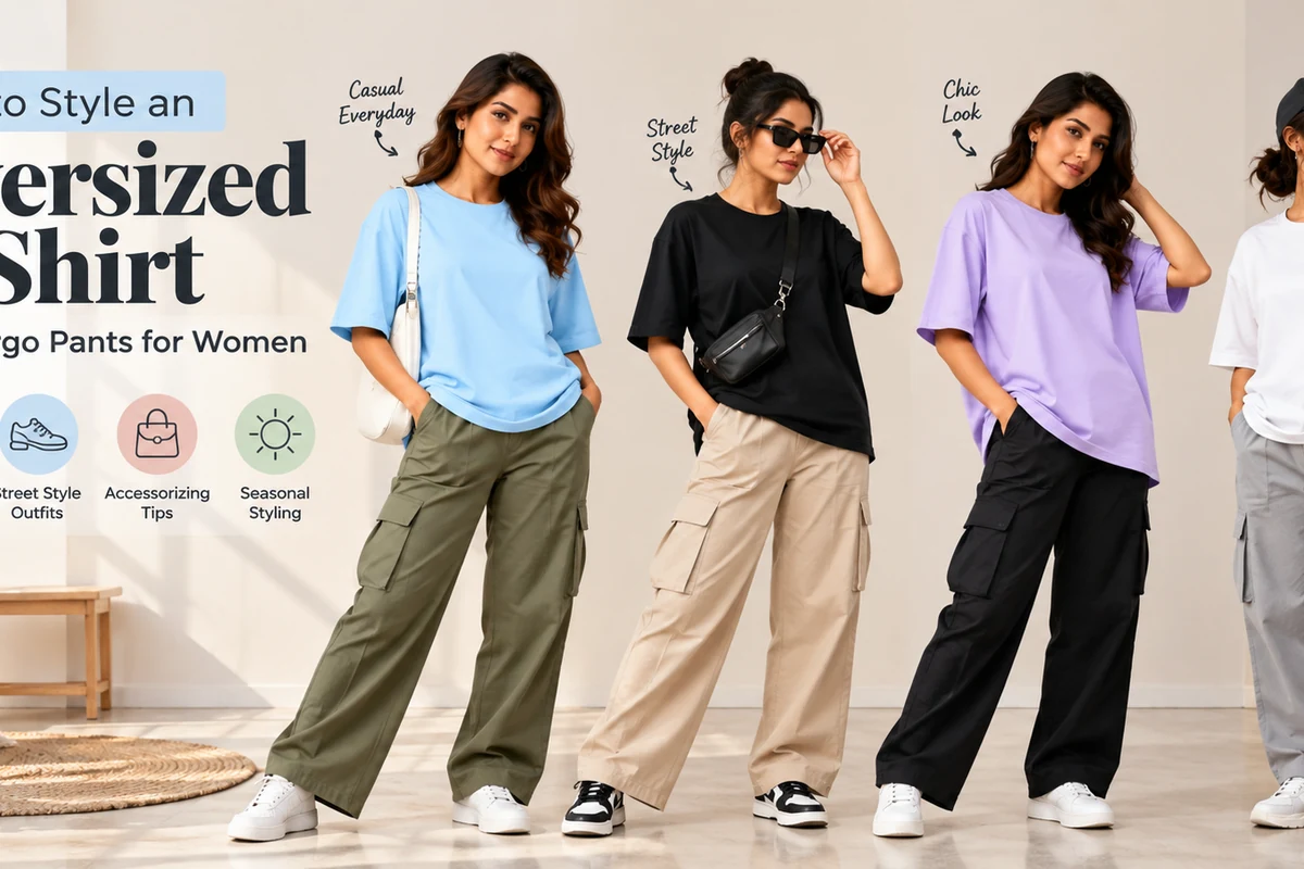 Oversized T-shirt outfit ideas with cargo trousers and casual neutral styling