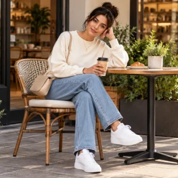 Woman wearing a cream sweatshirt, light jeans and white sneakers at an outdoor café with a coffee cup