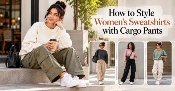 Woman in an ivory oversized sweatshirt and olive cargo pants, with three additional sweatshirt and cargo-pant outfit combinations